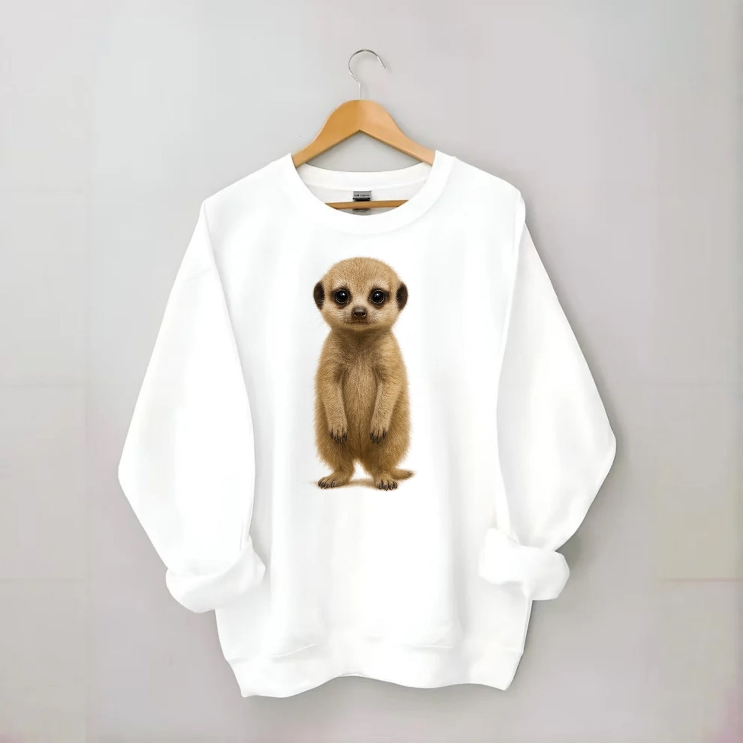 Baby Meerkat - tan fur, dark eye patches, alert stance, bright eyes, - Crewneck Sweatshirt - white