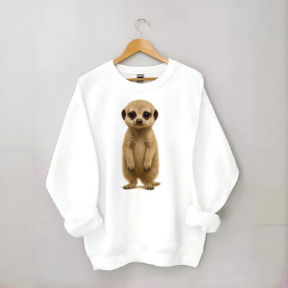 Baby Meerkat - tan fur, dark eye patches, alert stance, bright eyes, - Crewneck Sweatshirt - white