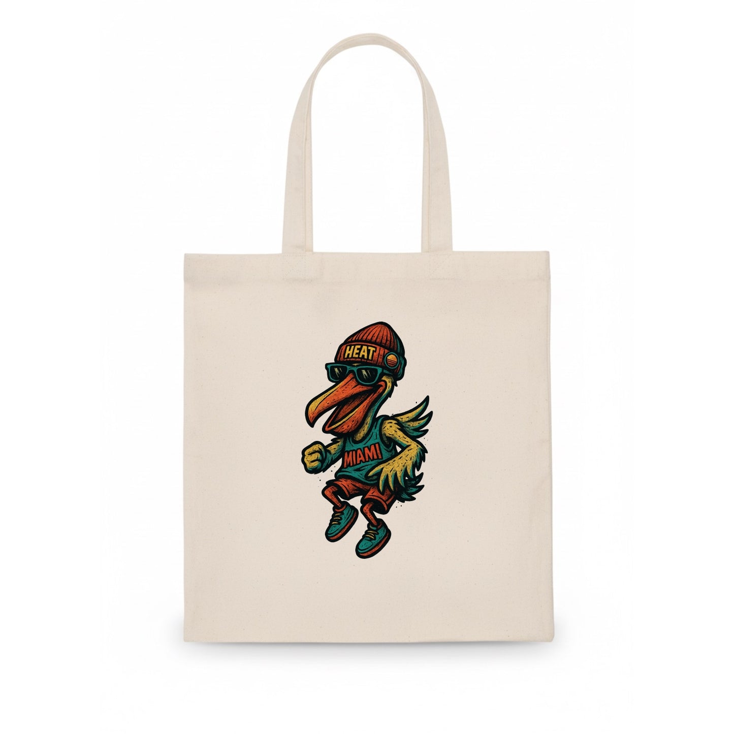 Miami Pelican wearing Heat beanie with sunset patch and wayfarer sunglasses - Tote Bag - white