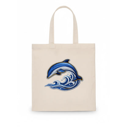 Embroidered patch design - SWIMMING DOLPHIN - diving dolphin with waves in blue and - Tote Bag - white