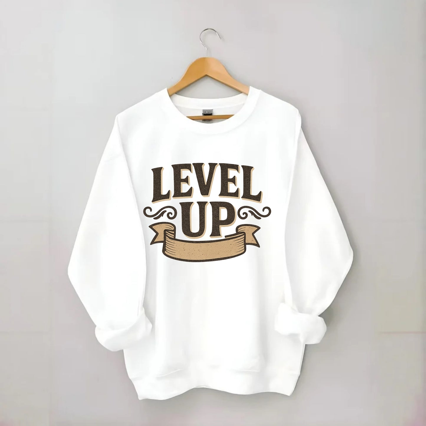 Bold typography design - "LEVEL UP" - improving, advancing, growing - Crewneck Sweatshirt - white