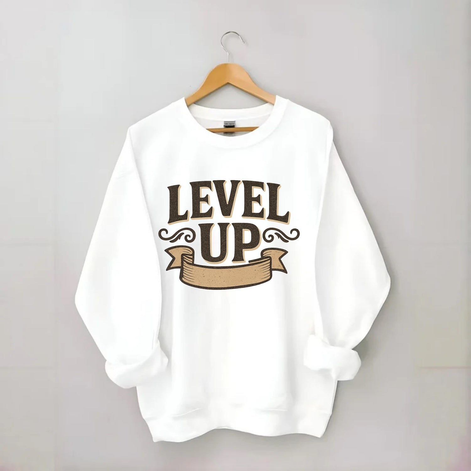 Bold typography design - "LEVEL UP" - improving, advancing, growing - Crewneck Sweatshirt - white