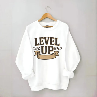 Bold typography design - "LEVEL UP" - improving, advancing, growing - Crewneck Sweatshirt - white