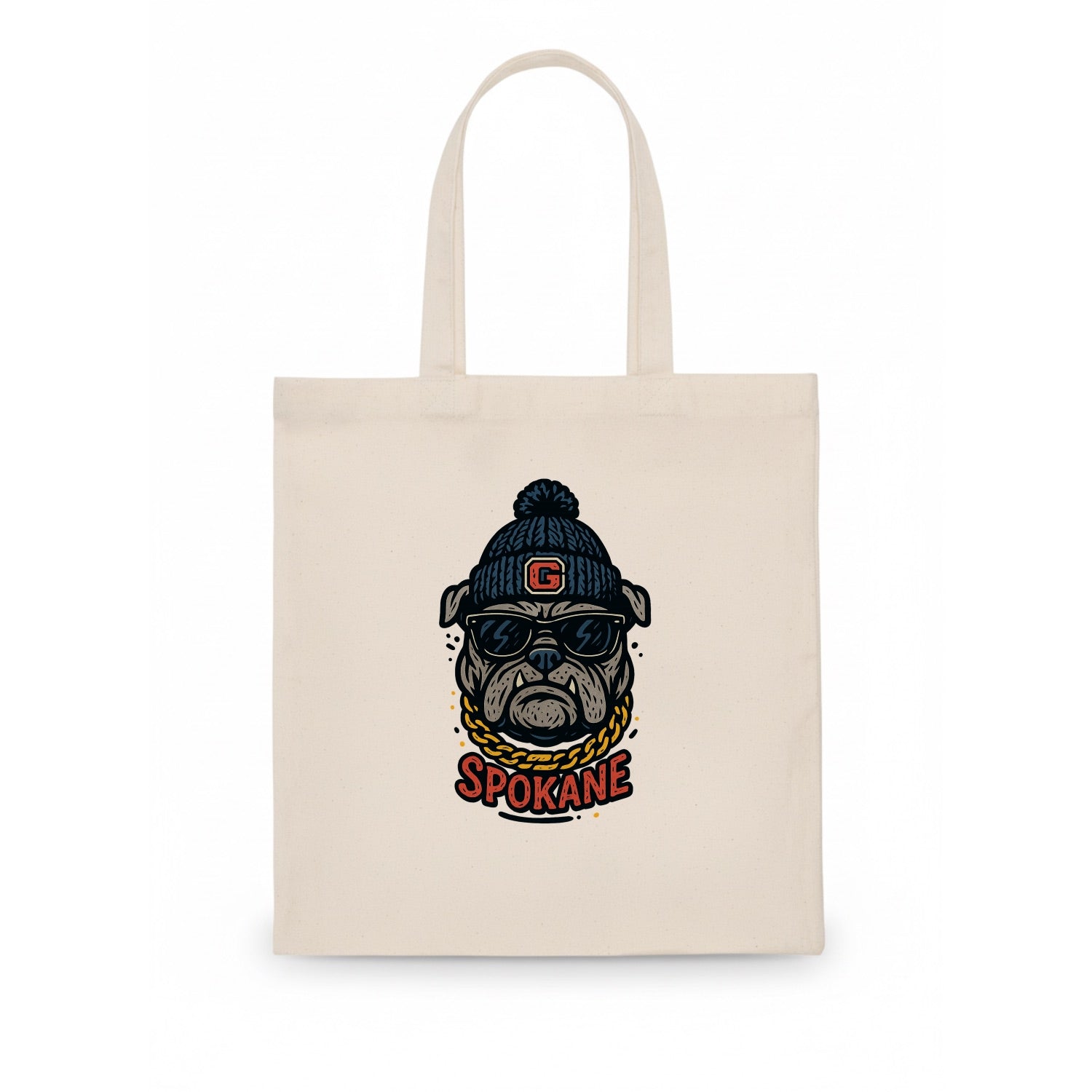 Spokane Bulldog wearing Gonzaga beanie with G patch - Tote Bag - white