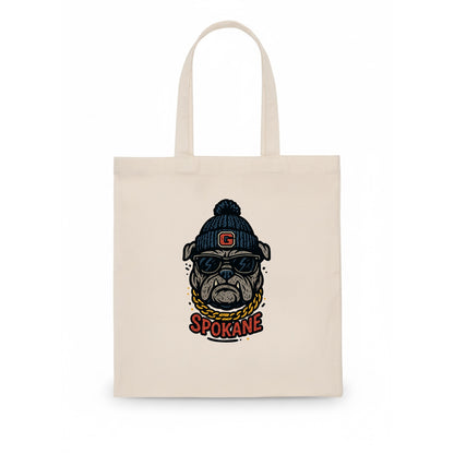 Spokane Bulldog wearing Gonzaga beanie with G patch - Tote Bag - white
