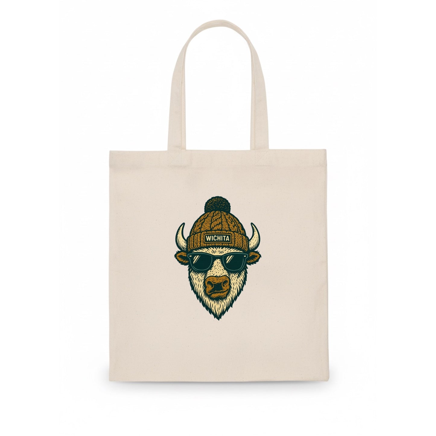 Kansas American Bison wearing Wichita beanie with pom pom and wayfarer sunglasses - Tote Bag - white