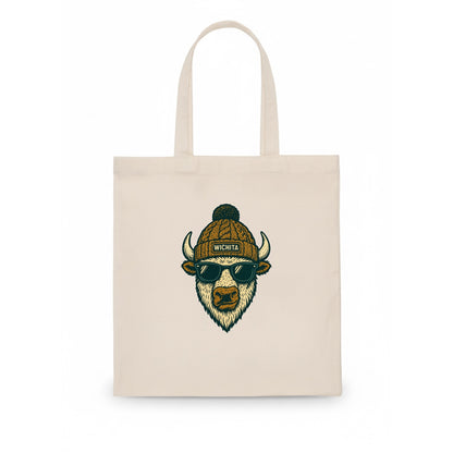 Kansas American Bison wearing Wichita beanie with pom pom and wayfarer sunglasses - Tote Bag - white