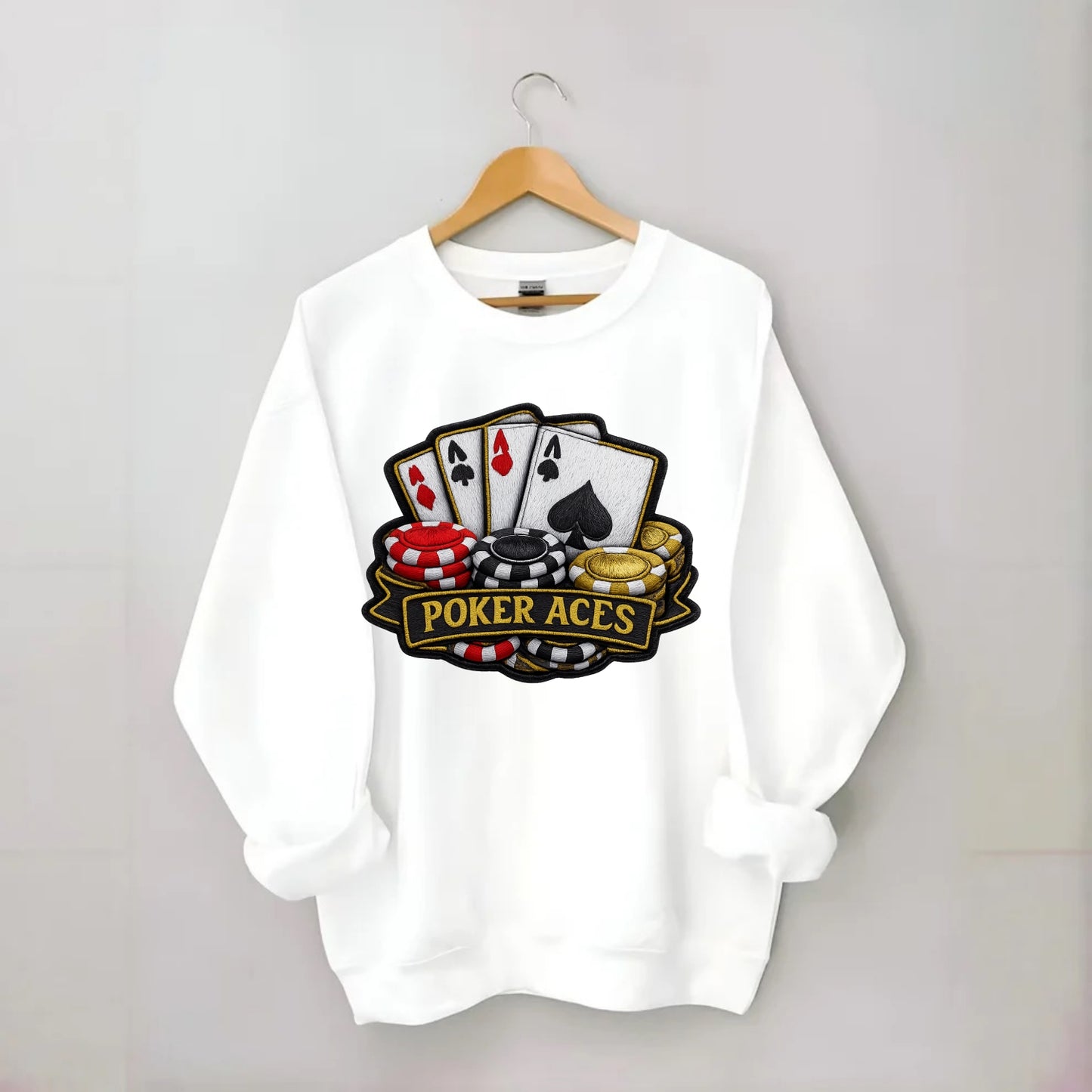 Embroidered patch design - POKER ACES - four aces with chips in red, black - Crewneck Sweatshirt - white