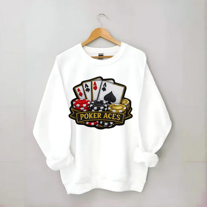 Embroidered patch design - POKER ACES - four aces with chips in red, black - Crewneck Sweatshirt - white