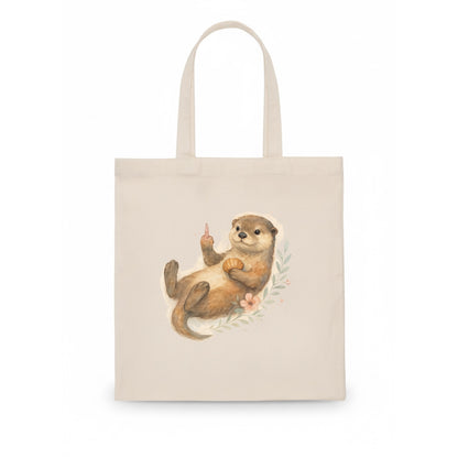 adorable otter floating on back, middle finger up while holding a shellfish - Tote Bag - white