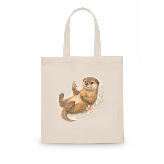adorable otter floating on back, middle finger up while holding a shellfish - Tote Bag - white