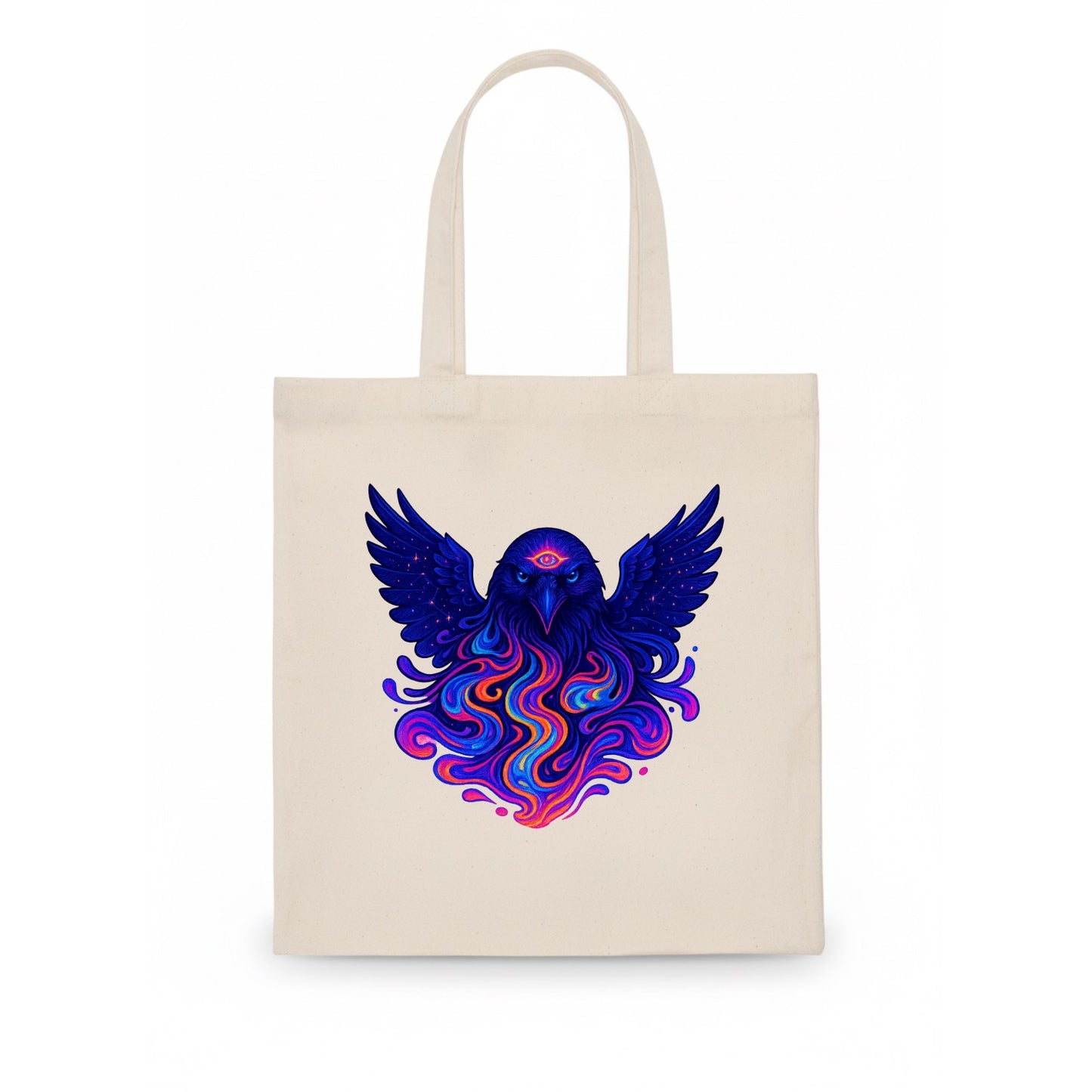 Mysterious raven with feathers showing future visions in neon colors, wings spread with - Tote Bag - white