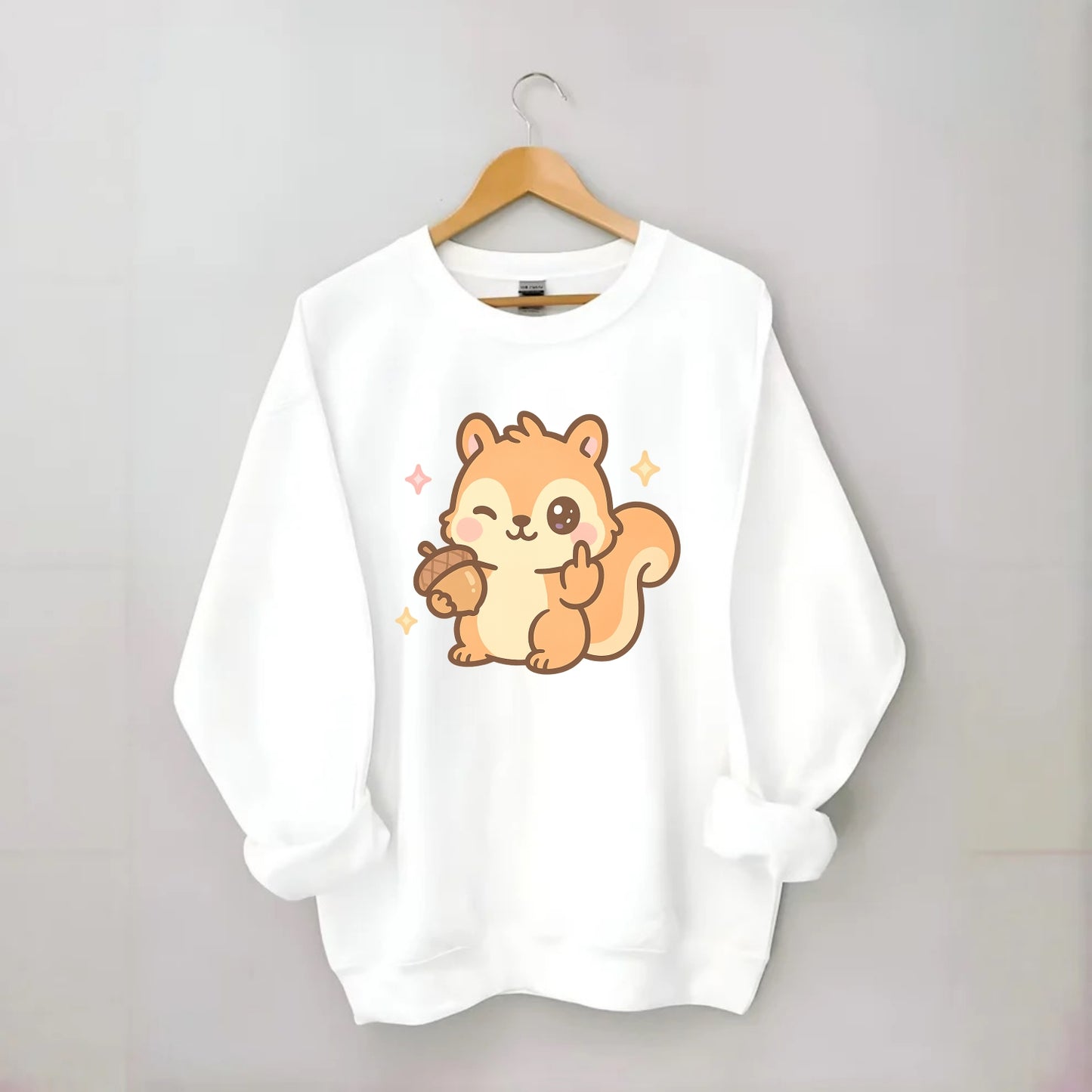 sweet squirrel holding acorn in one paw, flipping off with the other - Crewneck Sweatshirt - white