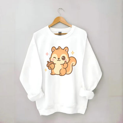 sweet squirrel holding acorn in one paw, flipping off with the other - Crewneck Sweatshirt - white