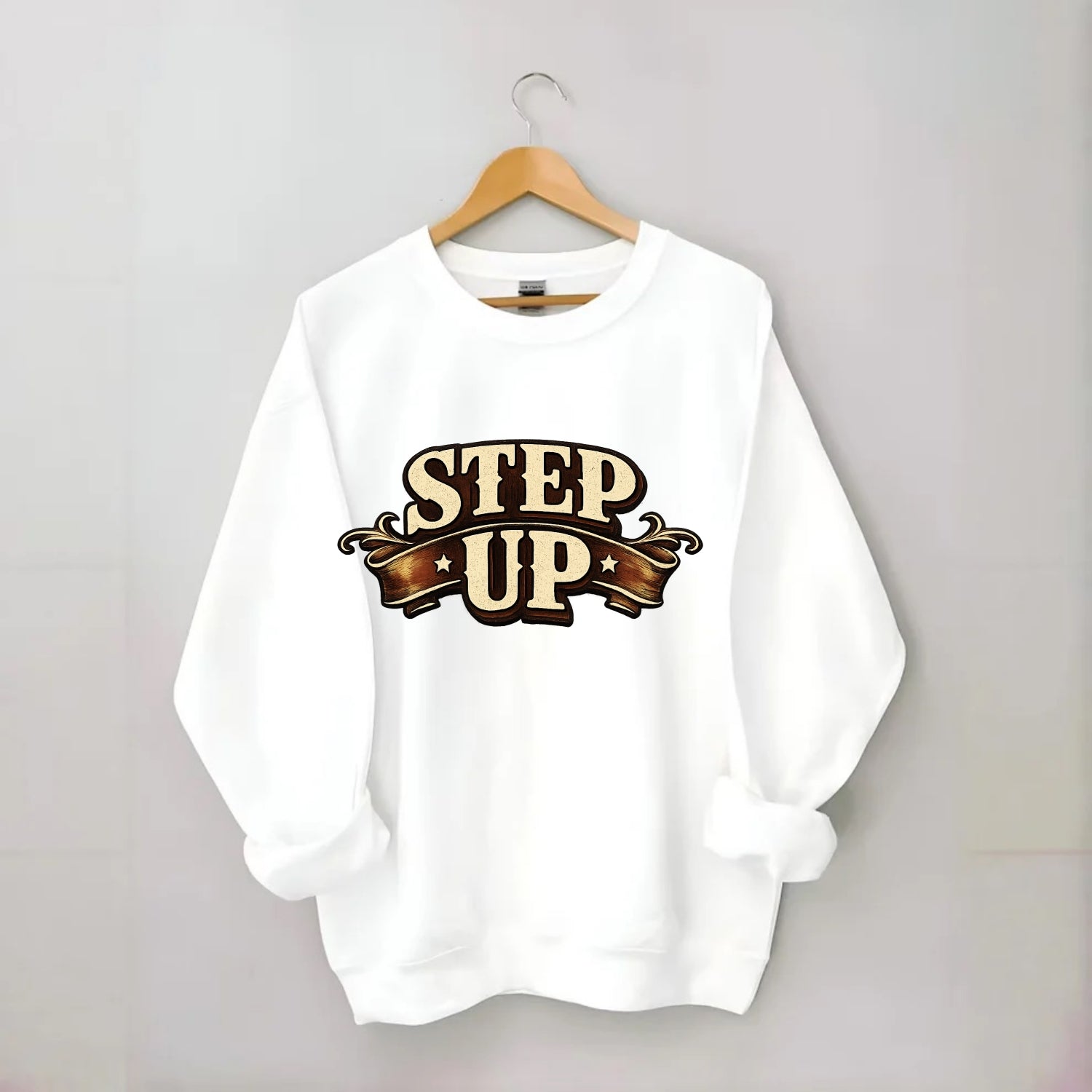 Bold typography design - "STEP UP" - rise to occasion, take charge - Crewneck Sweatshirt - white