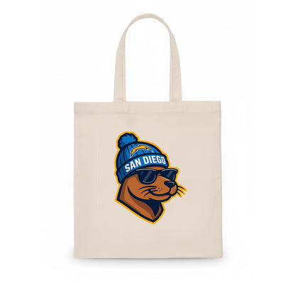 San Diego Sea Lion wearing Chargers beanie with bolt patch and wayfarer sunglasses - Tote Bag - white