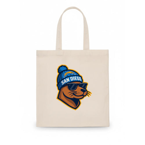 San Diego Sea Lion wearing Chargers beanie with bolt patch and wayfarer sunglasses - Tote Bag