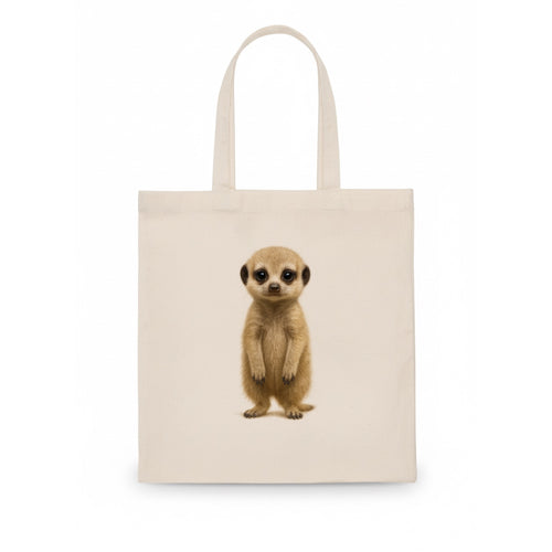 Baby Meerkat - tan fur, dark eye patches, alert stance, bright eyes, front-facing, - Tote Bag