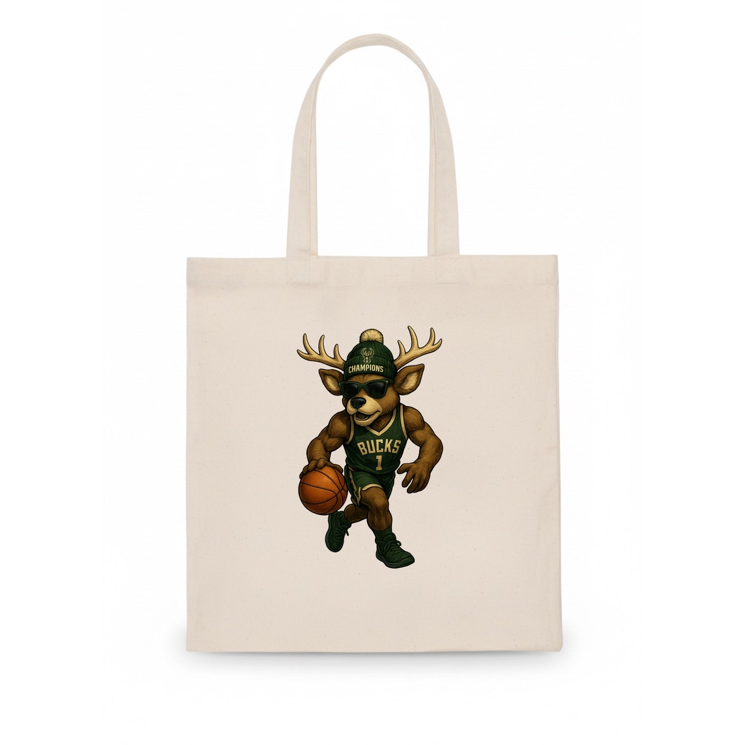 Milwaukee Buck Deer wearing Bucks green and cream beanie with antlers and wayfarer - Tote Bag - white