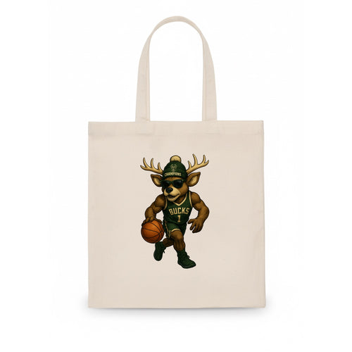 Milwaukee Buck Deer wearing Bucks green and cream beanie with antlers and wayfarer - Tote Bag
