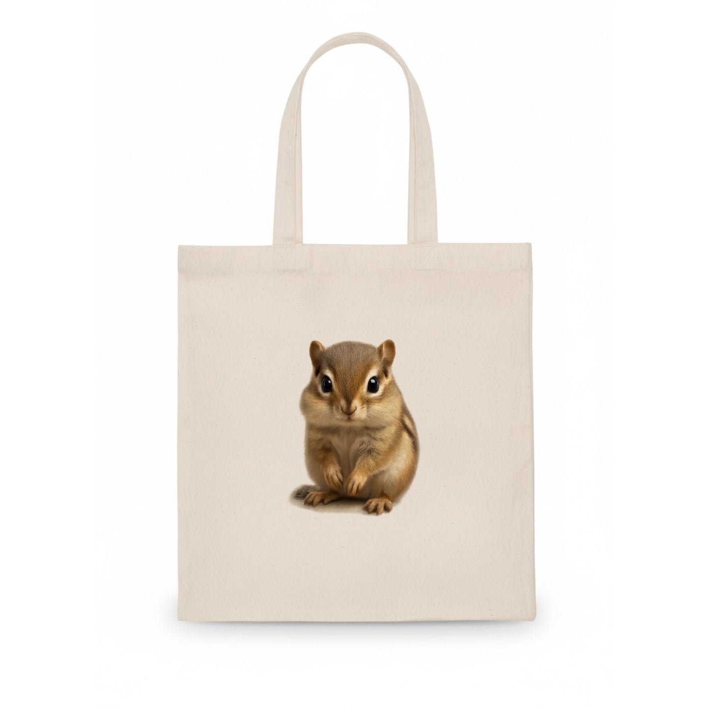 Baby Chipmunk - striped back, cheek pouches, tiny paws, bright eyes, front-facing, - Tote Bag - white