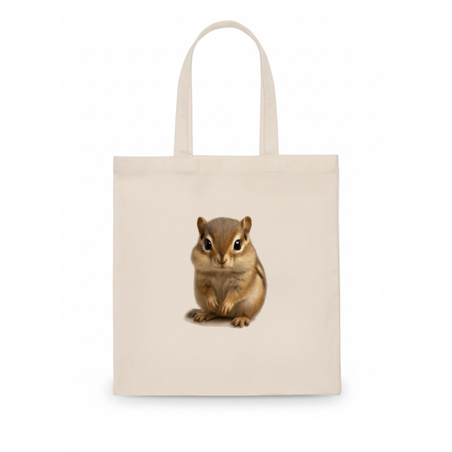 Baby Chipmunk - striped back, cheek pouches, tiny paws, bright eyes, front-facing, - Tote Bag - white