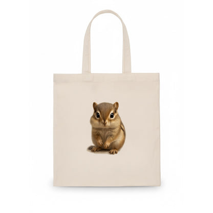 Baby Chipmunk - striped back, cheek pouches, tiny paws, bright eyes, front-facing, - Tote Bag - white