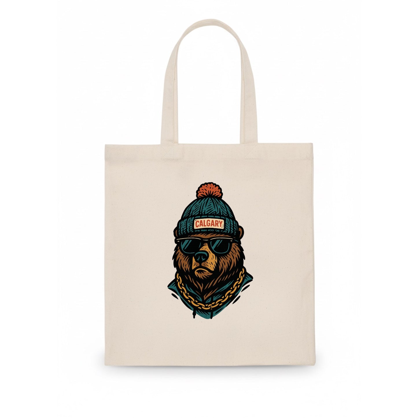Calgary Grizzly Bear wearing Calgary beanie with pom pom and wayfarer sunglasses - Tote Bag - white