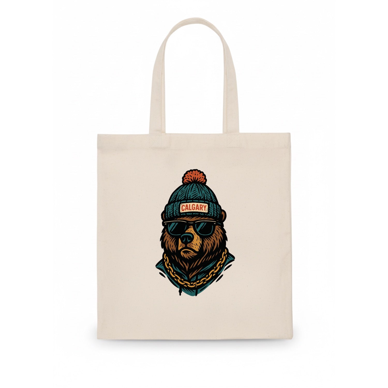 Calgary Grizzly Bear wearing Calgary beanie with pom pom and wayfarer sunglasses - Tote Bag - white