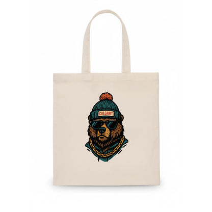 Calgary Grizzly Bear wearing Calgary beanie with pom pom and wayfarer sunglasses - Tote Bag - white