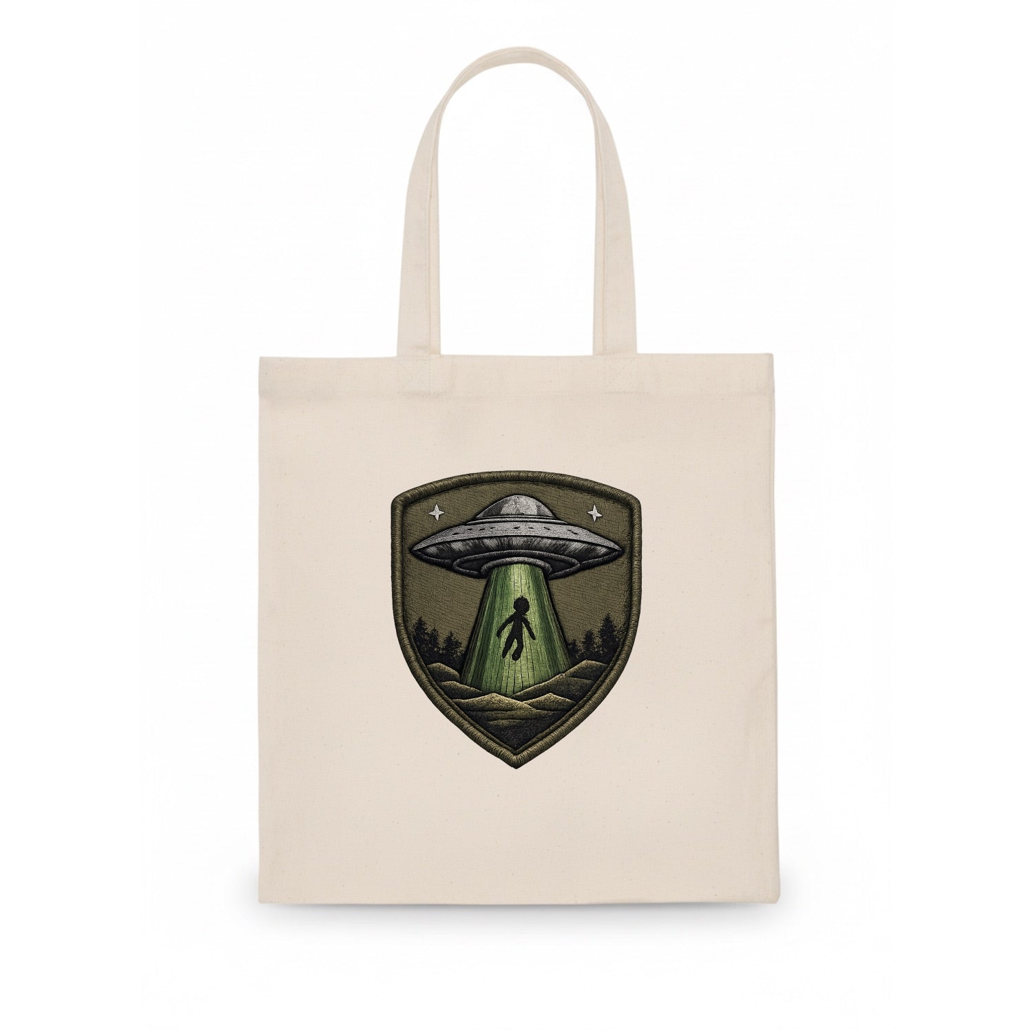 UFO ALIEN - flying saucer with beam in silver and green , extraterrestrial - Tote Bag - white