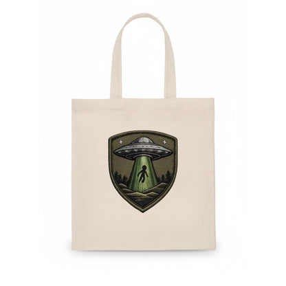 UFO ALIEN - flying saucer with beam in silver and green , extraterrestrial - Tote Bag - white