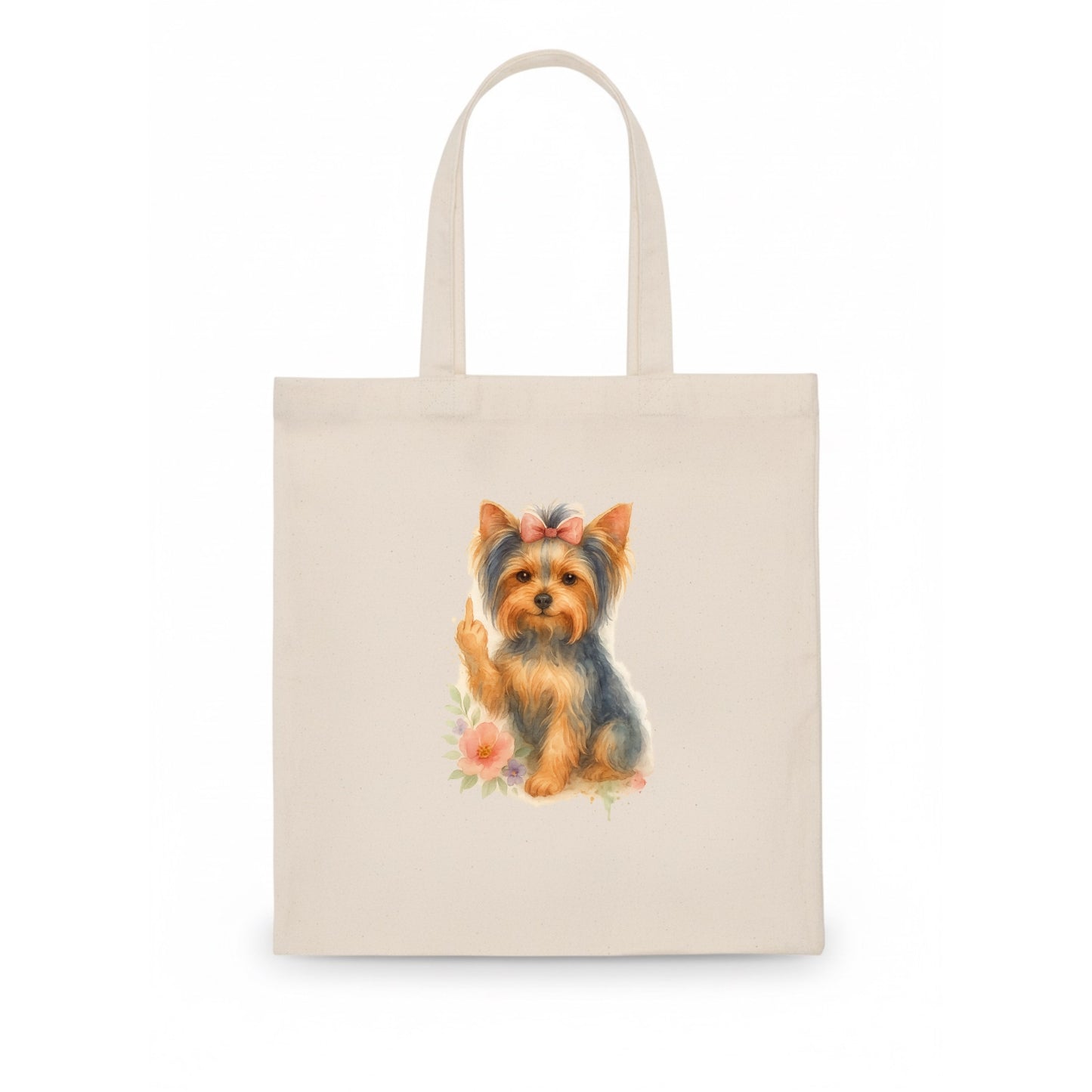 Yorkshire Terrier with topknot bow, one delicate paw flipping off - Tote Bag - white