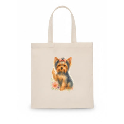 Yorkshire Terrier with topknot bow, one delicate paw flipping off - Tote Bag - white