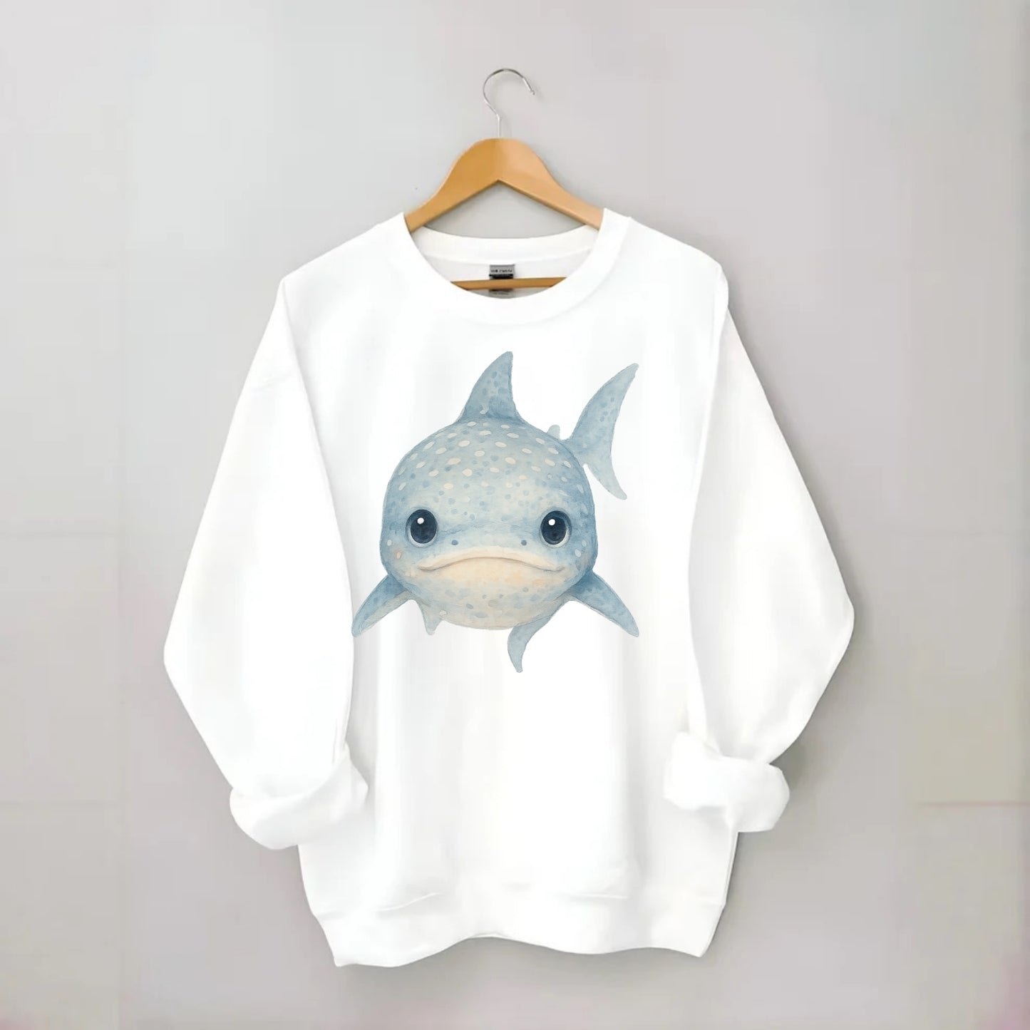 Baby Whale Shark - spotted blue-gray, wide mouth closed, tiny eyes, - Crewneck Sweatshirt - white