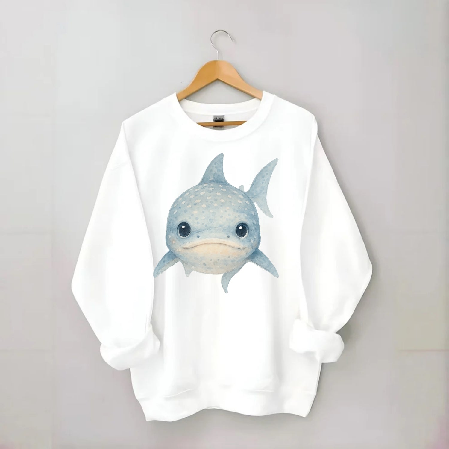 Baby Whale Shark - spotted blue-gray, wide mouth closed, tiny eyes, - Crewneck Sweatshirt - white