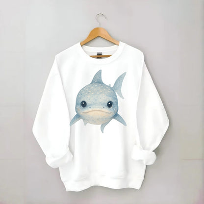 Baby Whale Shark - spotted blue-gray, wide mouth closed, tiny eyes, - Crewneck Sweatshirt - white