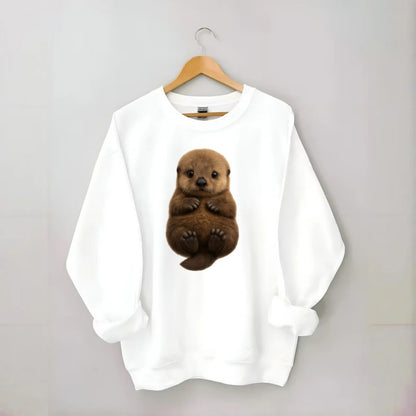 Baby Sea Otter - brown fluffy, floating on back, tiny paws, bright eyes, - Crewneck Sweatshirt - white
