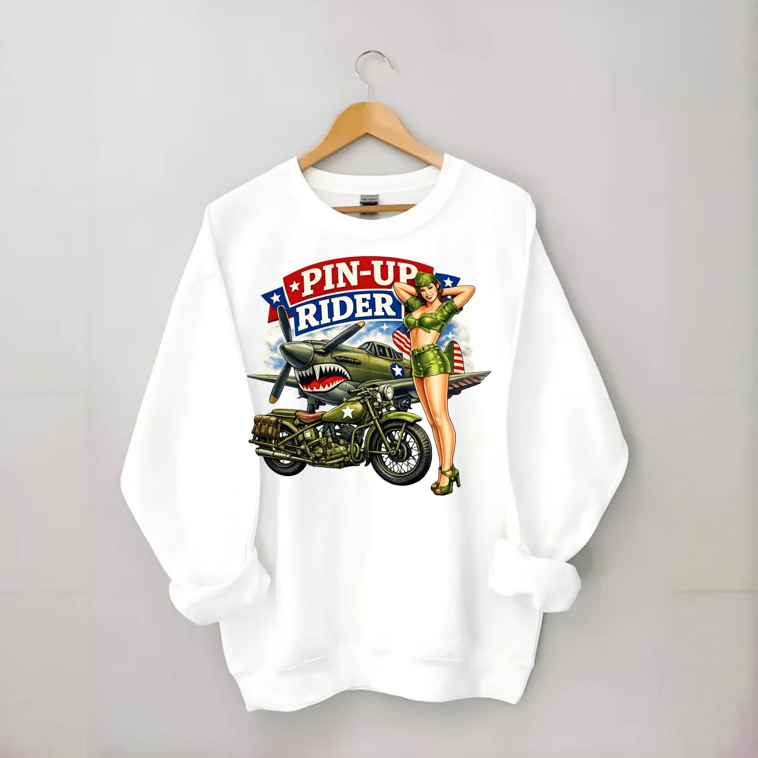 Wwii Pin Up Rider - Crewneck Sweatshirt - white