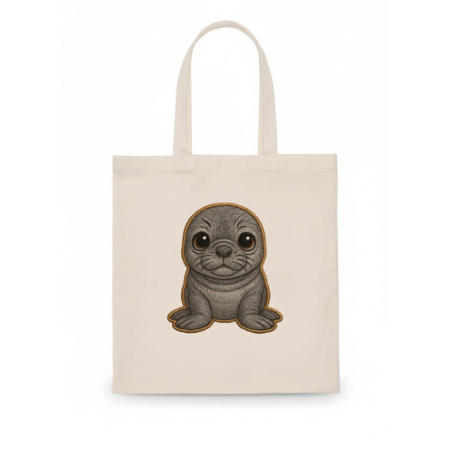 Baby Elephant Seal - gray wrinkly, tiny trunk nose, big dark eyes, front-facing, funny - Tote Bag
