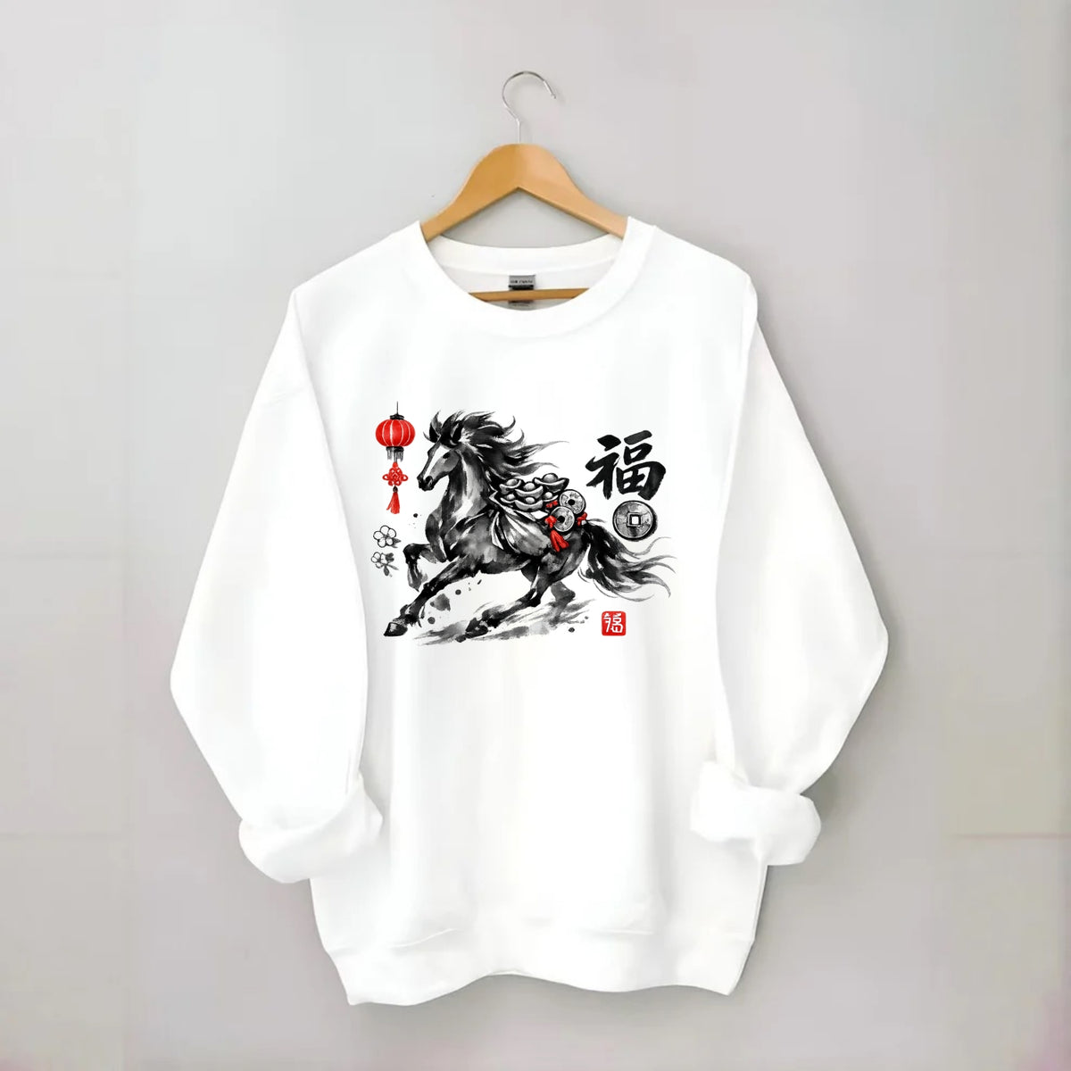 PROSPERITY HORSE | Horse carrying gold ingots and coins | Chinese knot - Crewneck Sweatshirt - white