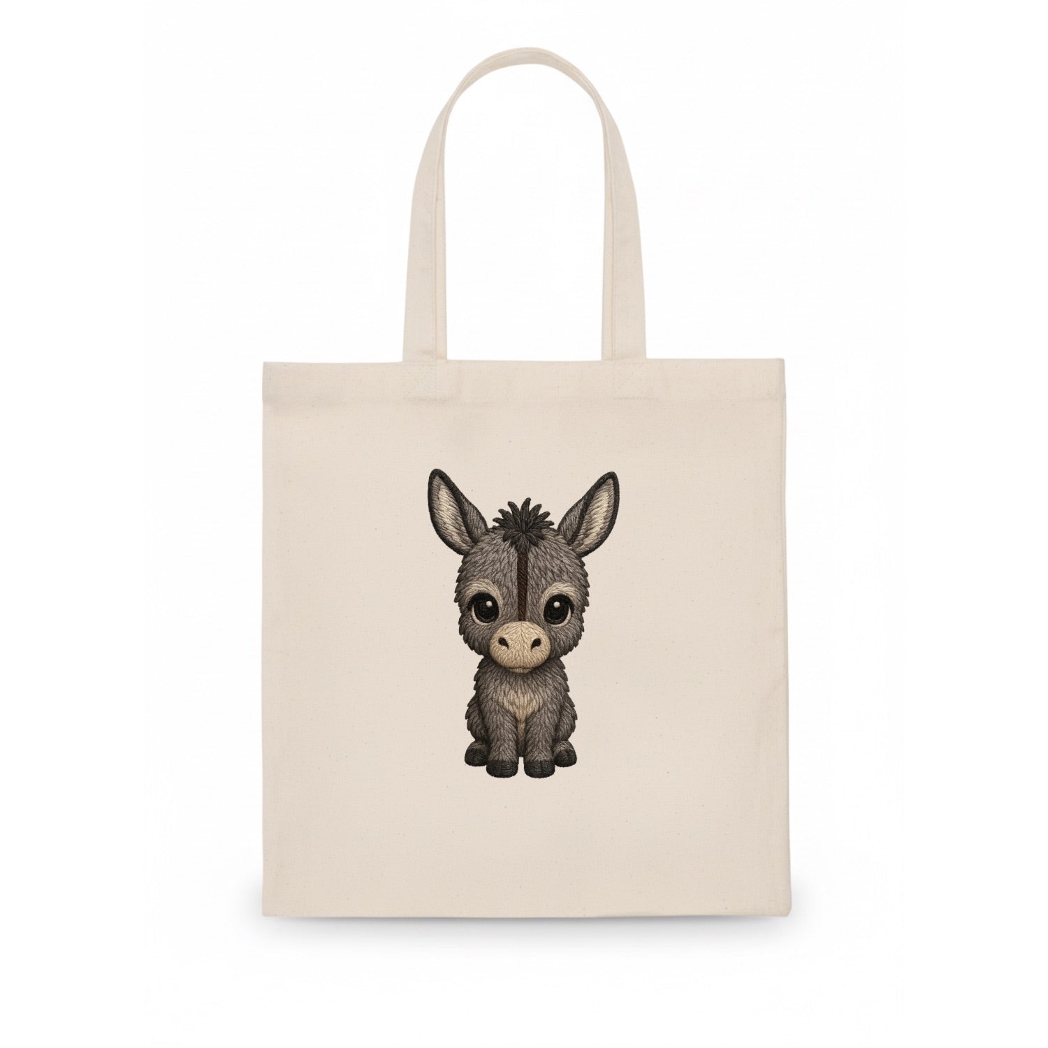 Baby Donkey Foal - gray fluffy, long ears, dark stripe, gentle eyes, front-facing, - Tote Bag - white