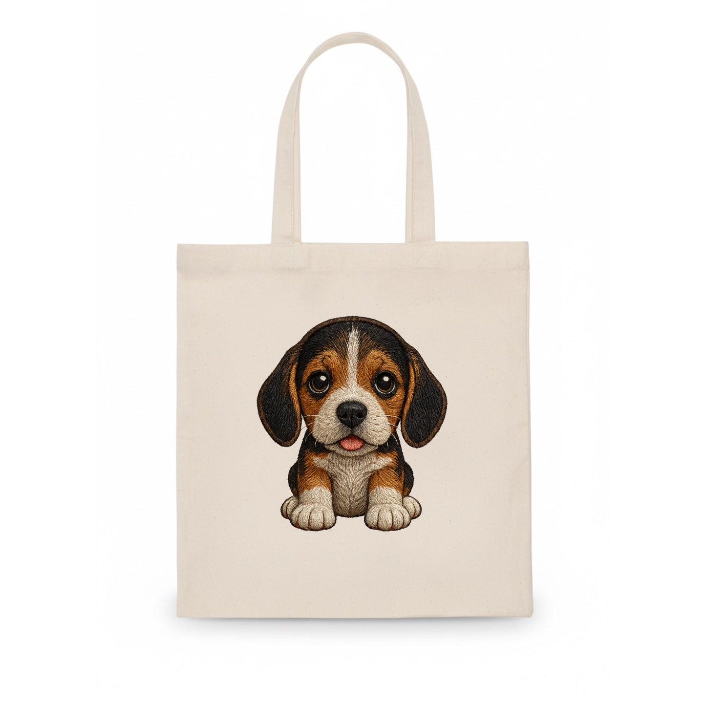 Baby Beagle Puppy - tricolor coat, long droopy ears, big pleading eyes, front-facing, - Tote Bag - white