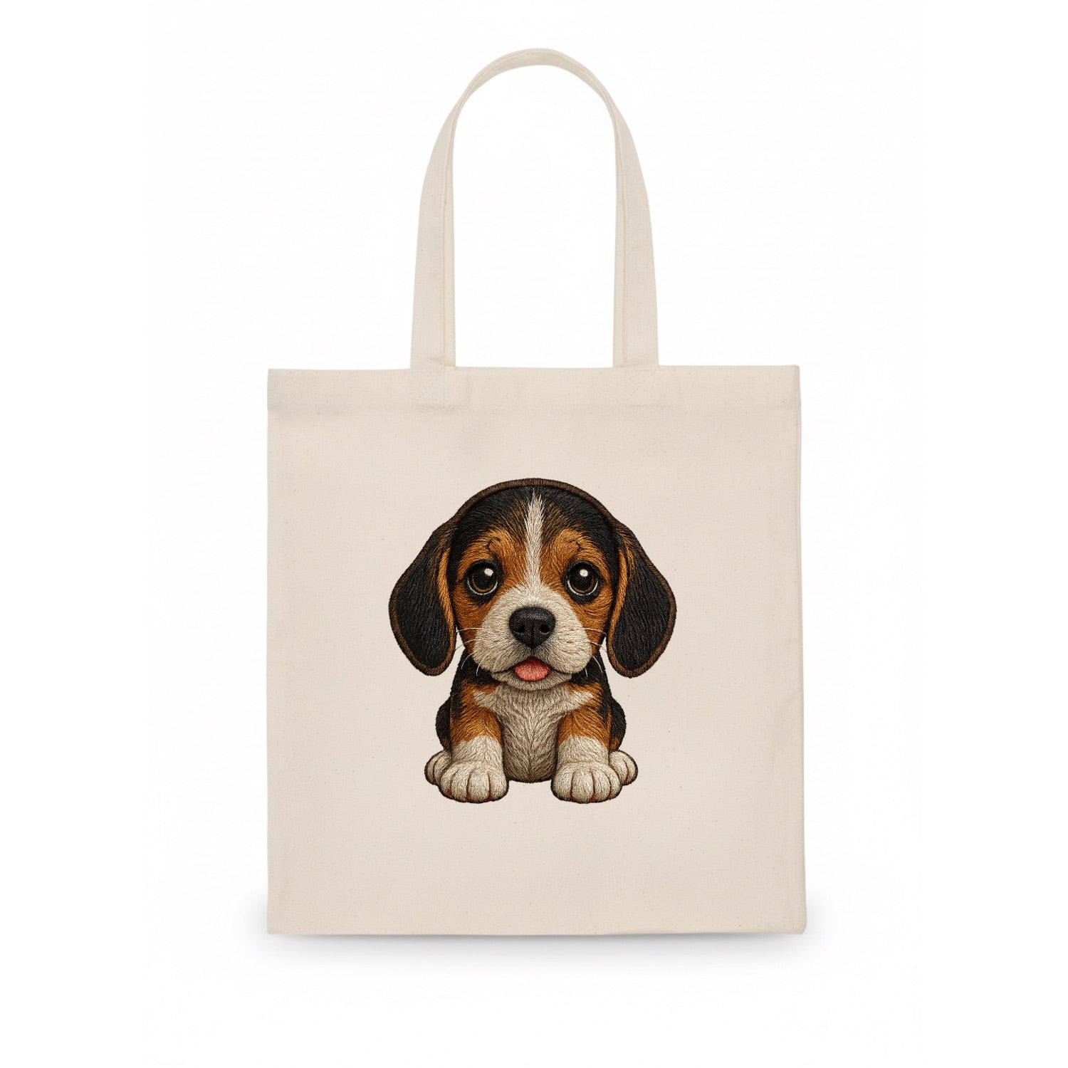 Baby Beagle Puppy - tricolor coat, long droopy ears, big pleading eyes, front-facing, - Tote Bag - white