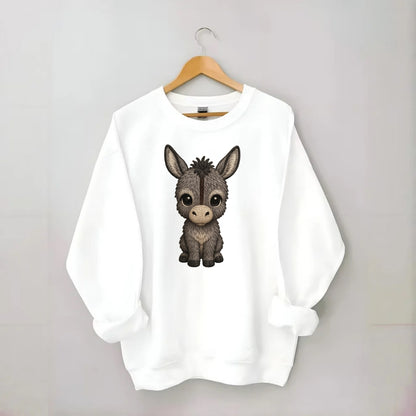 Baby Donkey Foal - gray fluffy, long ears, dark stripe, gentle eyes, - Crewneck Sweatshirt - white
