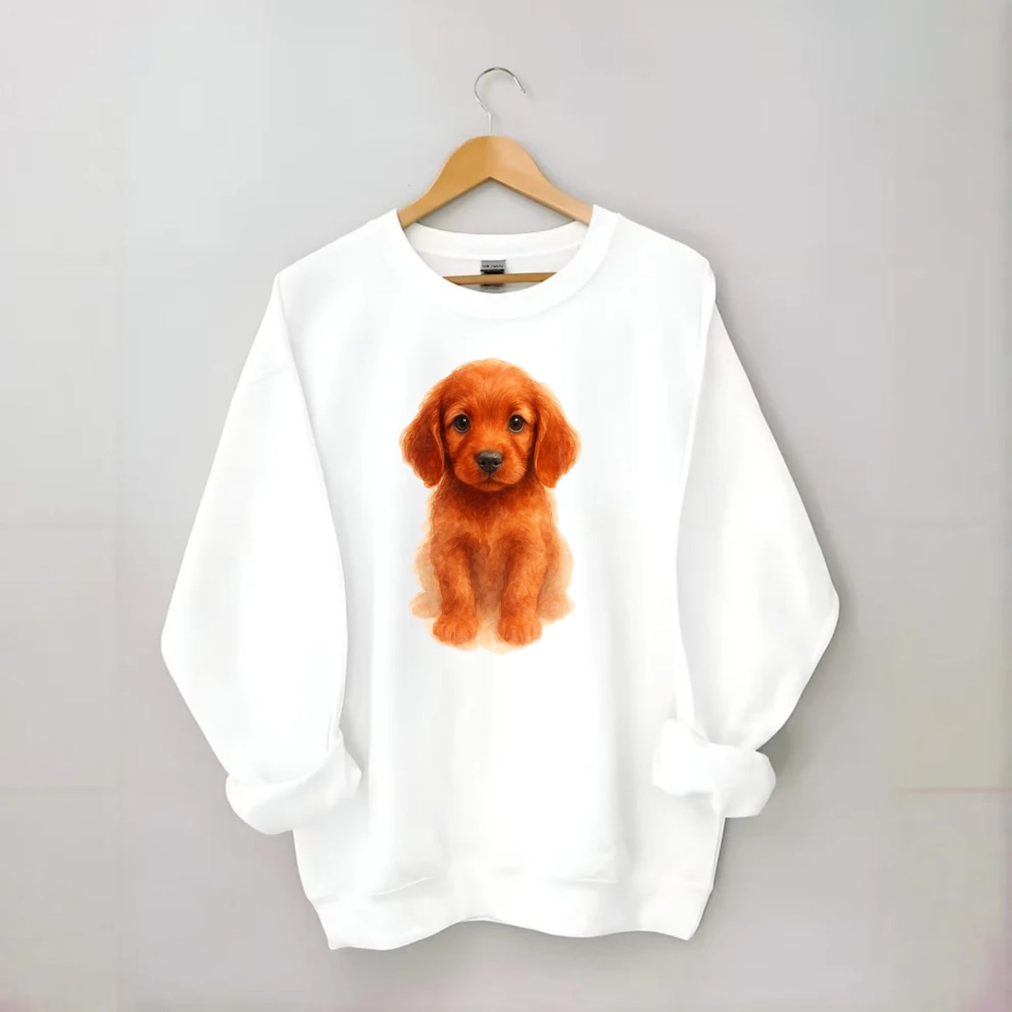 Baby Irish Setter Puppy - mahogany red coat, feathered ears, friendly eyes, - Crewneck Sweatshirt - white