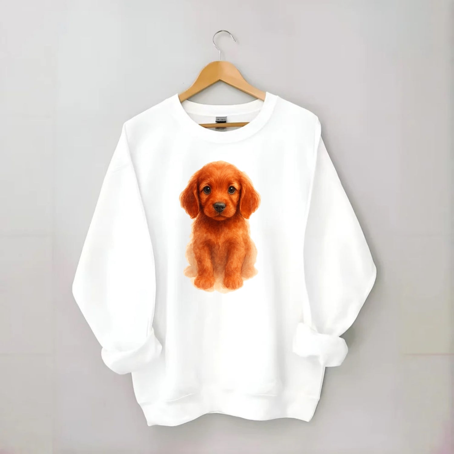Baby Irish Setter Puppy - mahogany red coat, feathered ears, friendly eyes, - Crewneck Sweatshirt - white