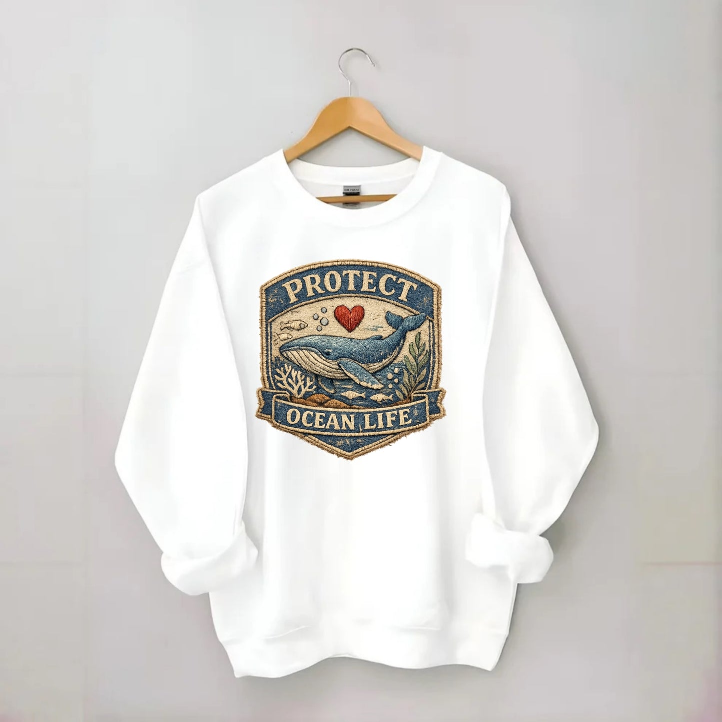 PROTECT OCEAN LIFE - whale with heart in blue , marine conservation - Crewneck Sweatshirt - white
