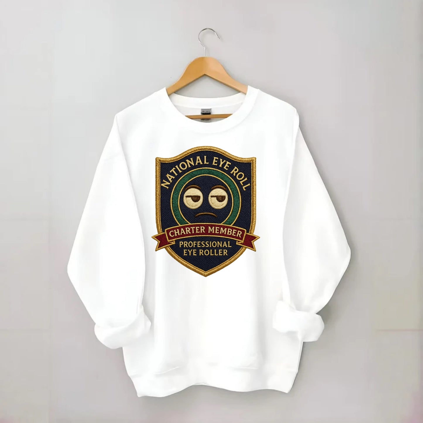 Crest with eye roll icon - "National Eye Roll Association - Charter Member" - - Crewneck Sweatshirt - white