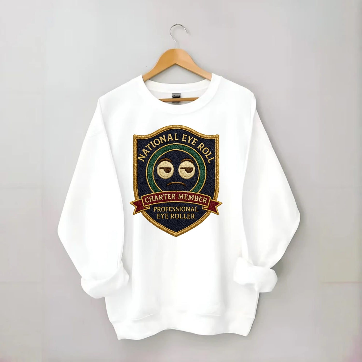 Crest with eye roll icon - "National Eye Roll Association - Charter Member" - - Crewneck Sweatshirt - white
